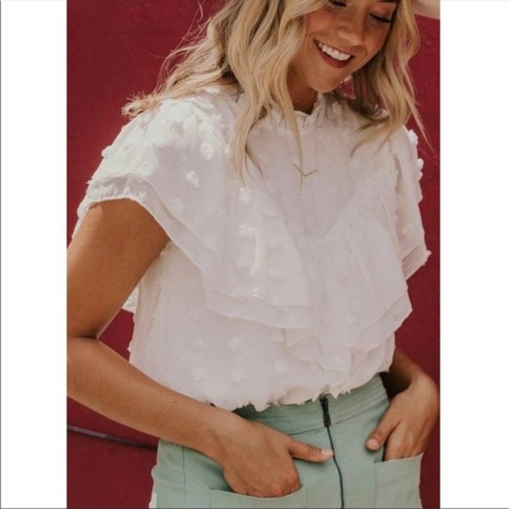 ROOLEE NWT White Ruffle Polka Dot Cap Sleeve Blouse Shirt M